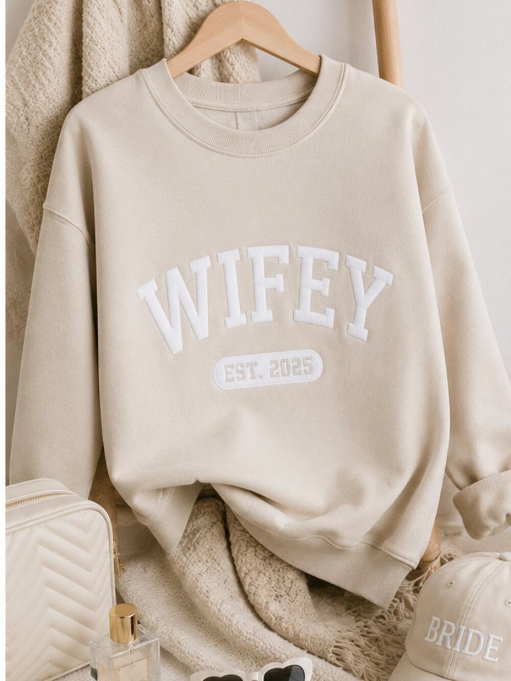 Personalized Wifey EST Sweatshirt Ivory Bride Honeymoon Gift